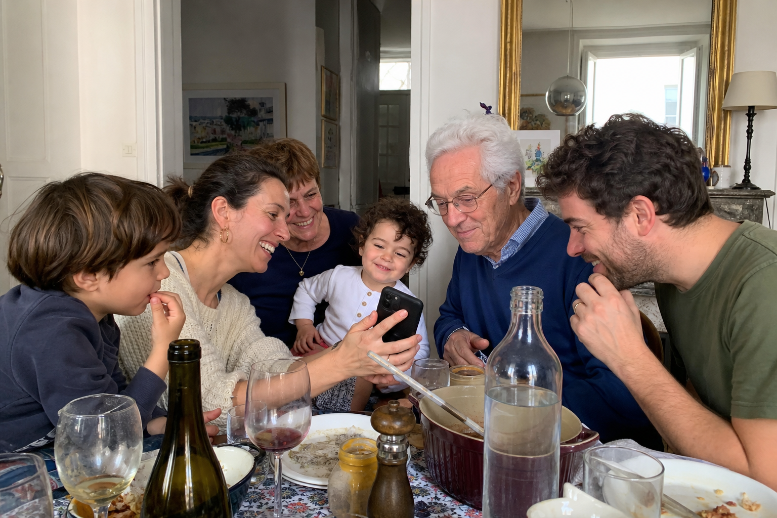 Une famille réunie autour de ses photos